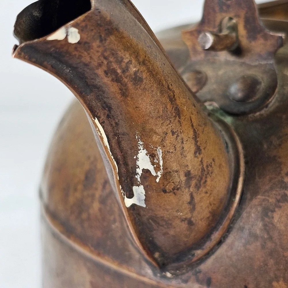 Antique Copper Tea Kettle Wood Handle Primitive Farmhouse Decor Rustic Patina